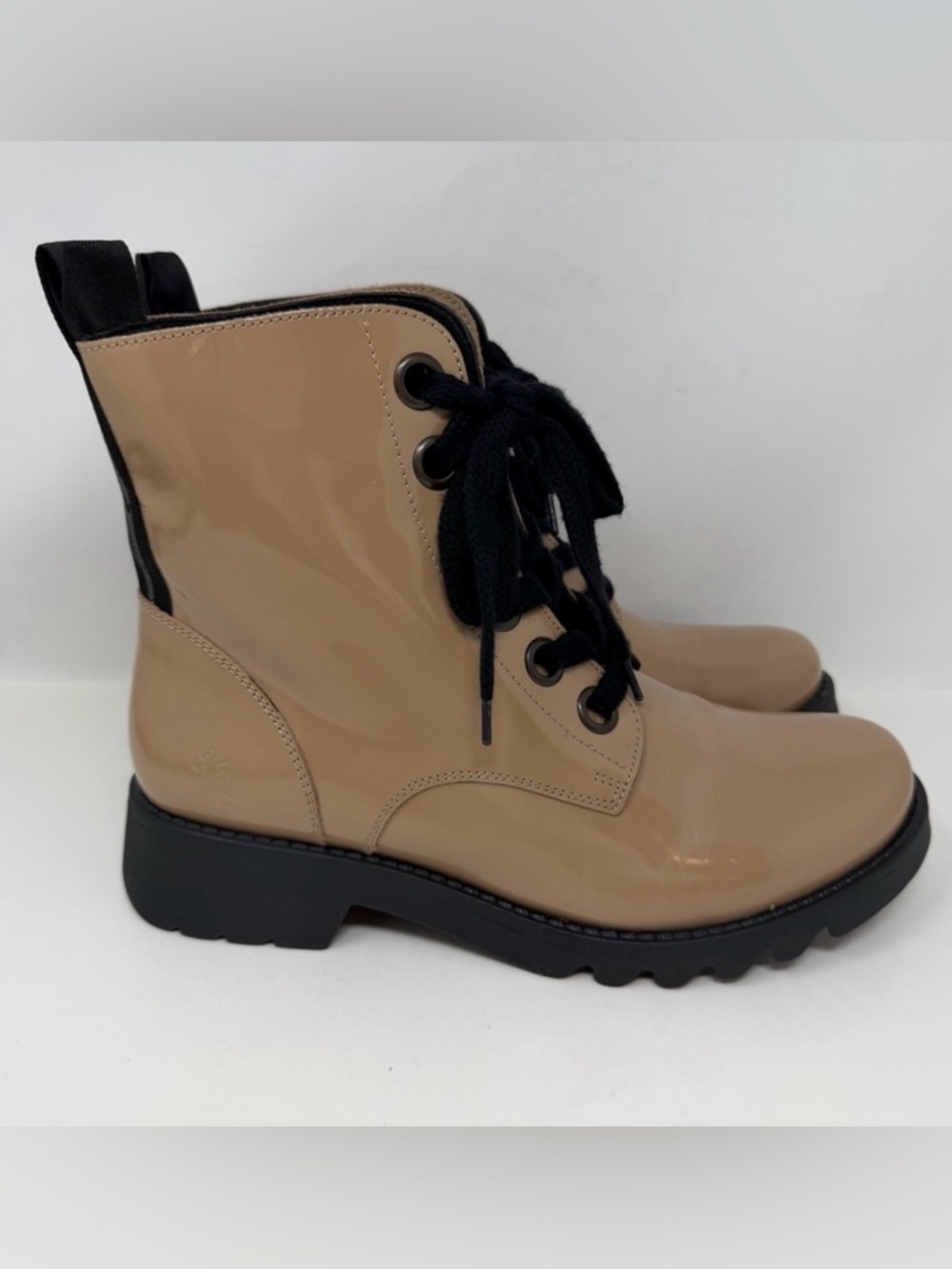 Fly London Ragi Patent Combat Boot Nude Size 42, US 11-11.5